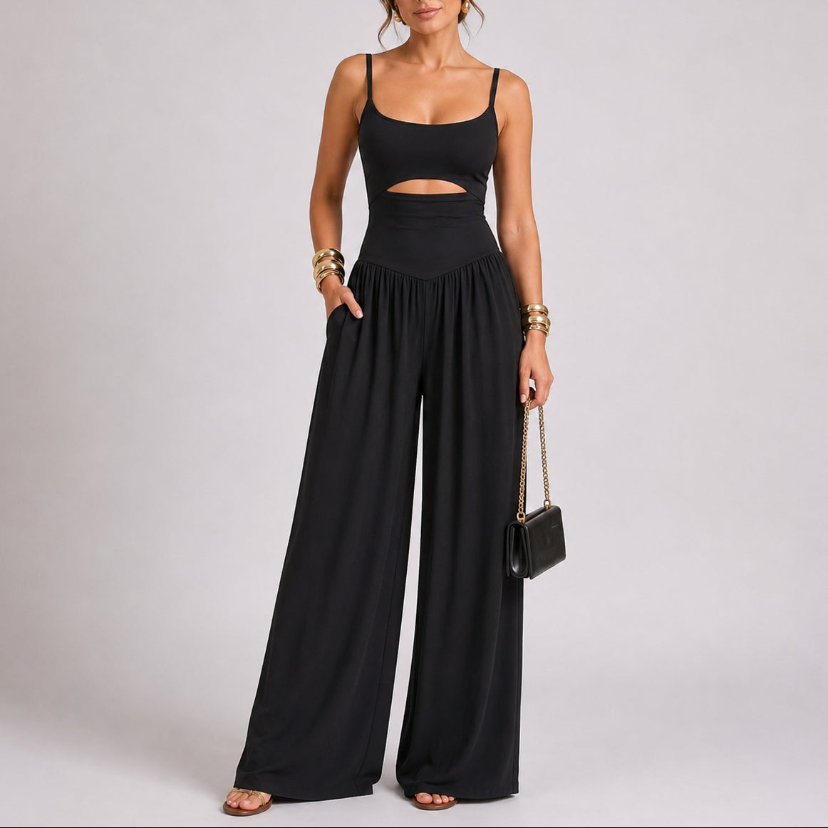 Women's Elegant Cut-Out Wide-Leg Jumpsuit – Modern and Sophisticated One-Piece Outfit