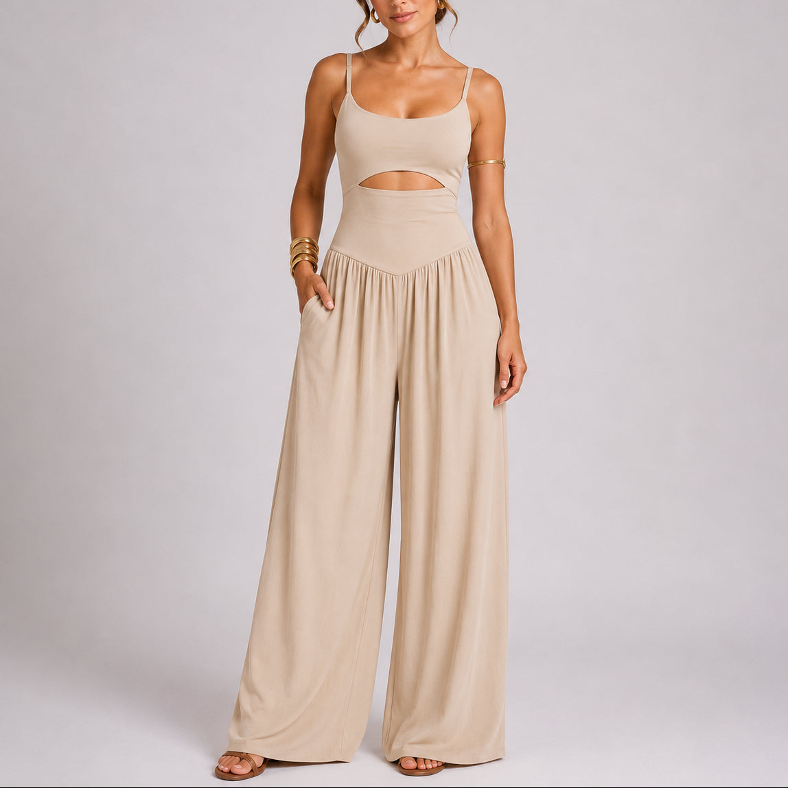 Women's Elegant Cut-Out Wide-Leg Jumpsuit – Modern and Sophisticated One-Piece Outfit