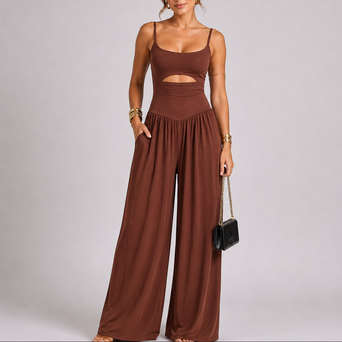 Women's Elegant Cut-Out Wide-Leg Jumpsuit – Modern and Sophisticated One-Piece Outfit